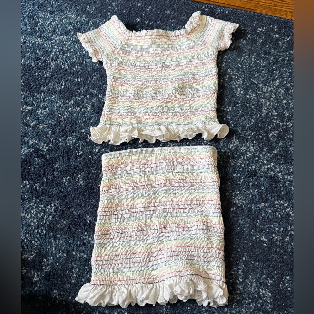 Flowers by Zoe Girls Pastel Striped Smocked Top & Skirt Set - White Ruffle Trim